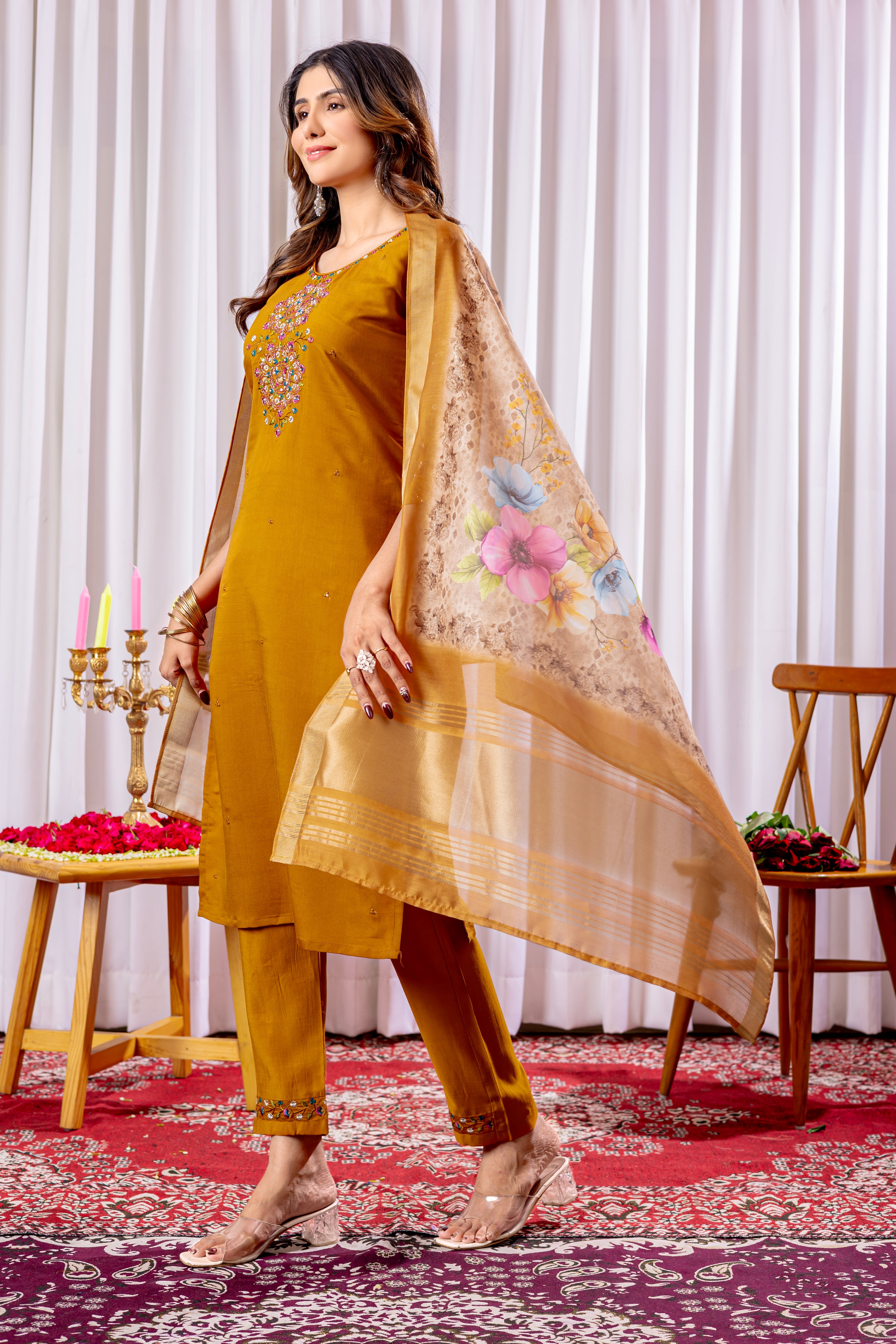 Hanch Viscose Silk Embroidered Straight Kurti Set – Mustard