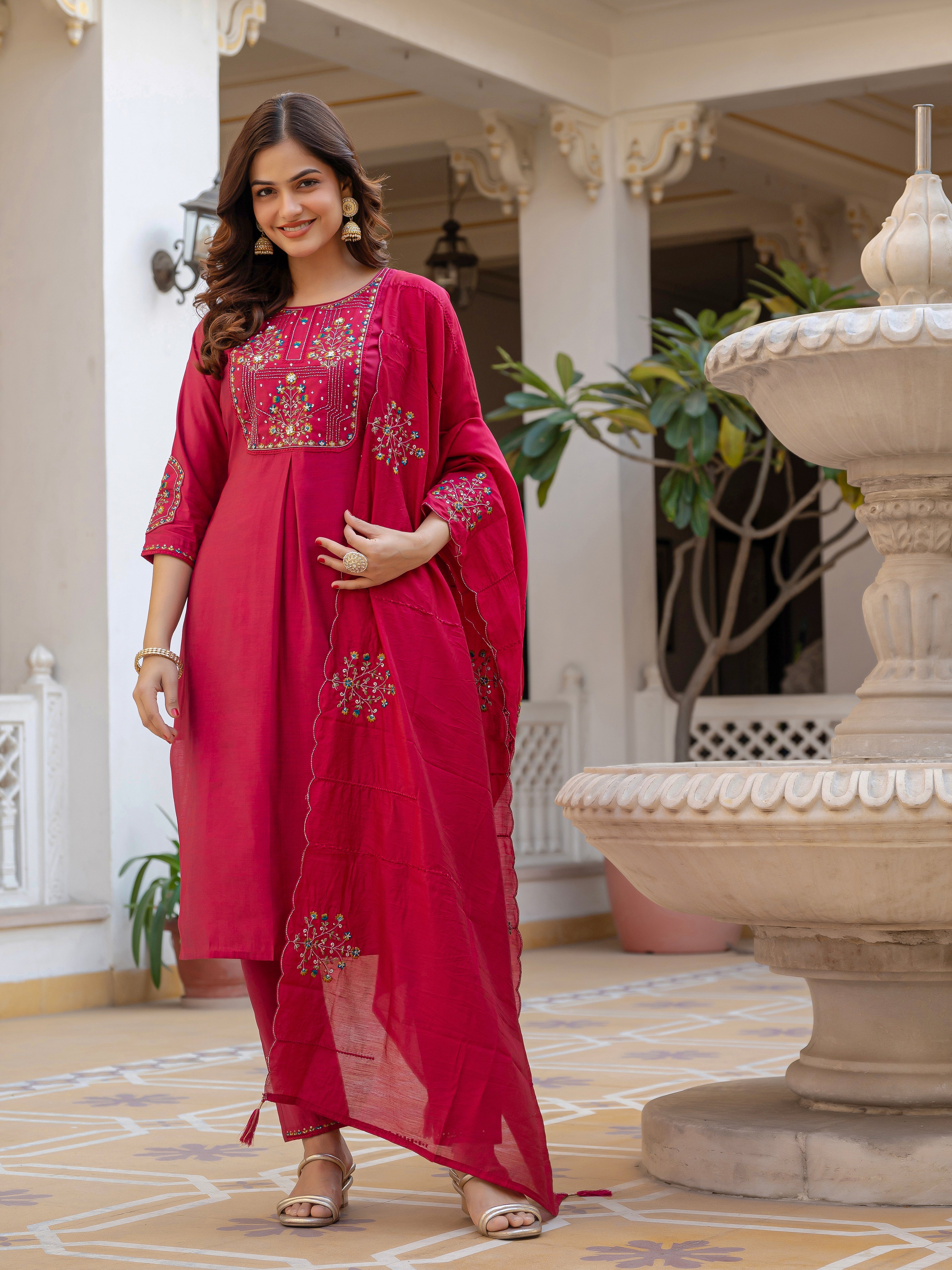 Hanch Pure Viscose Mango Silk Embroidered Straight Kurti Set – Pink