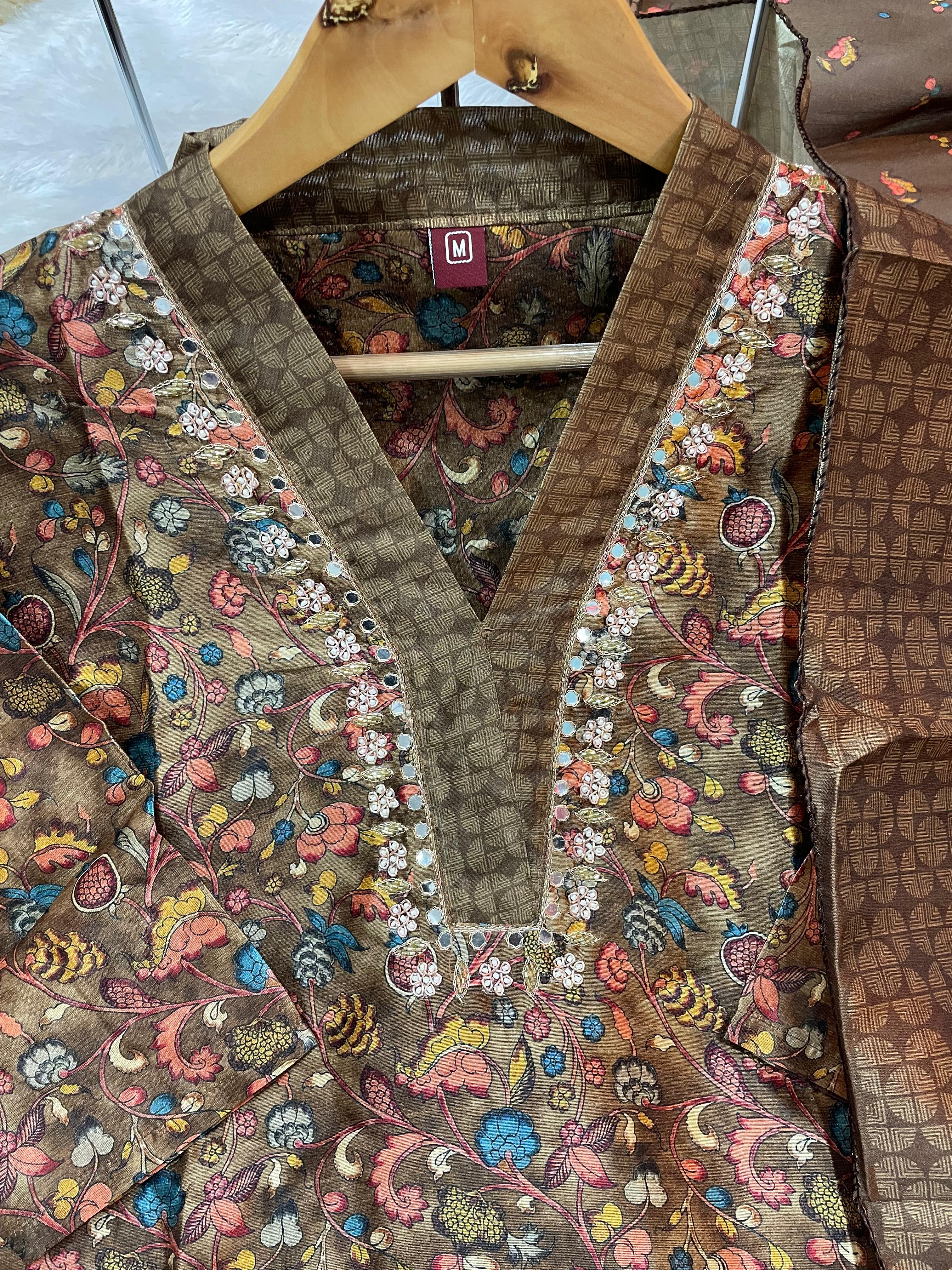 Hanch Zarna Silk Embroidered Straight Kurti Set – Coffee Brown