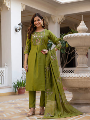 Hanch Pure Viscose Mango Silk Embroidered Straight Kurti Set – Mhendi Green