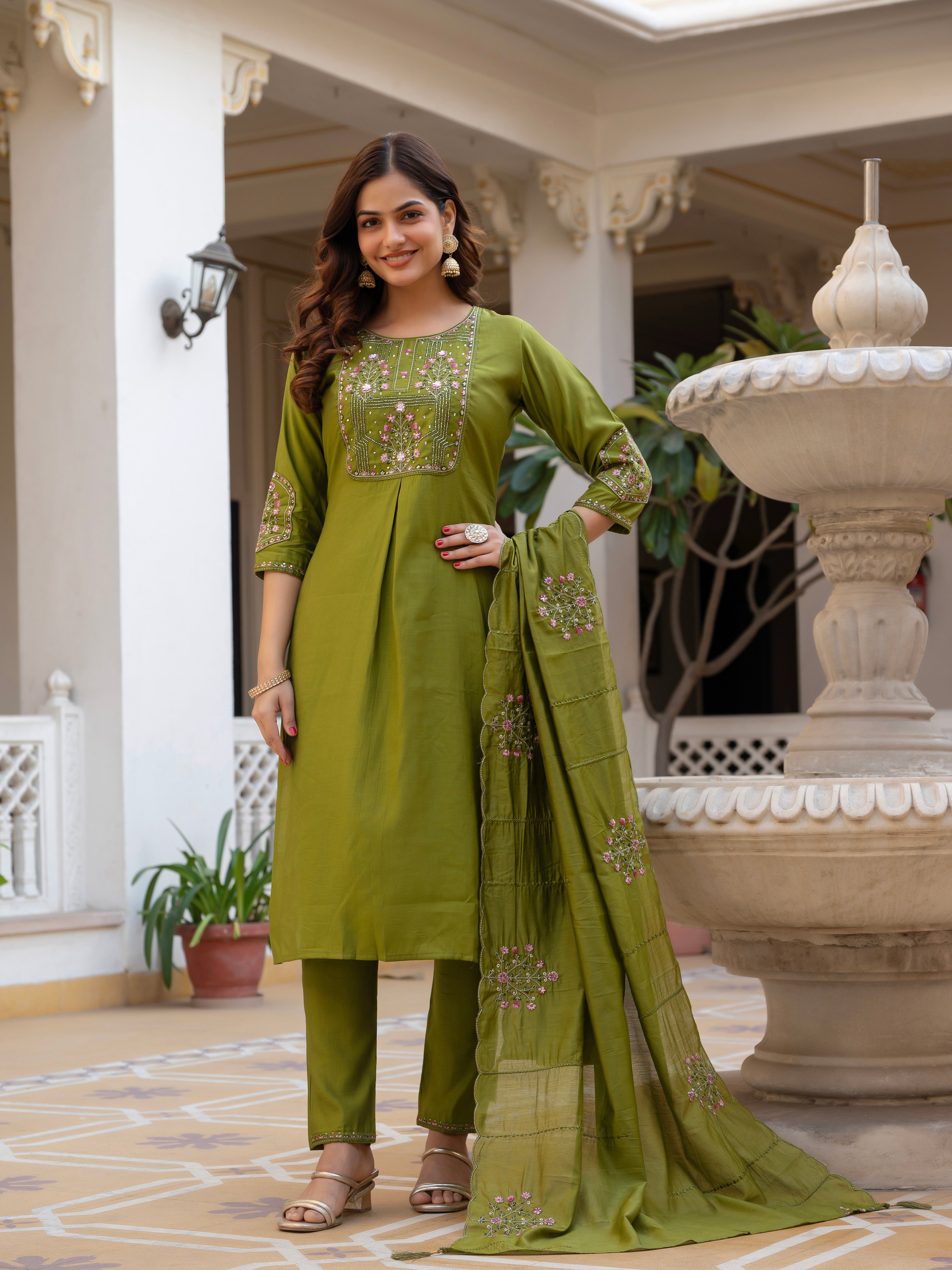 Hanch Pure Viscose Mango Silk Embroidered Straight Kurti Set – Mhendi Green