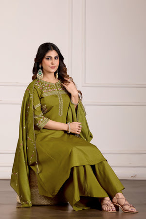 Hanch Viscose Mango Silk Embroidered Anarkali Kurti Set – Mahendi Green