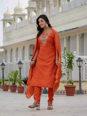 Hanch Premium Roman Silk Embroidered Straight Kurti Set – Orange