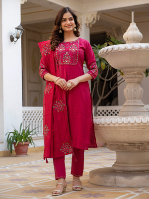 Hanch Pure Viscose Mango Silk Embroidered Straight Kurti Set – Pink
