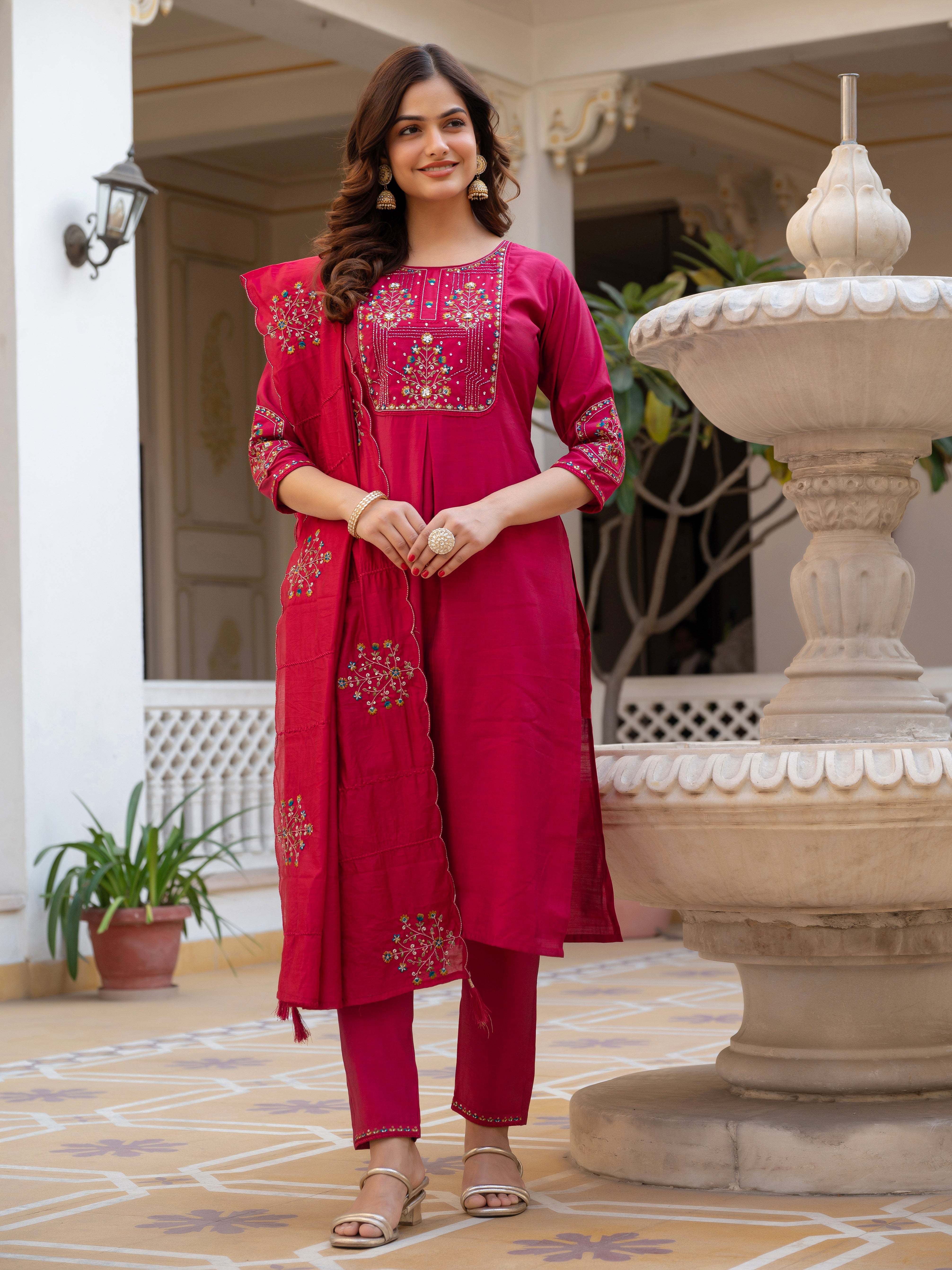 Hanch Pure Viscose Mango Silk Embroidered Straight Kurti Set – Pink