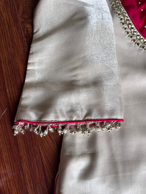 Hanch Roman Glass Silk Embroidered Kurti + Blouse + Palazzo Set – Ivory & Rani Pink