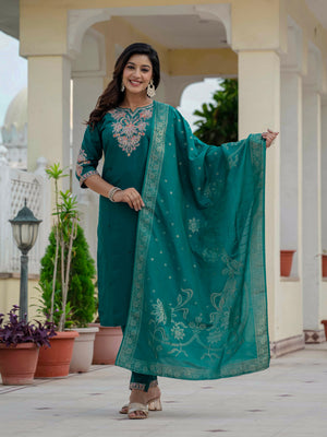 Hanch Premium Roman Silk Embroidered Straight Kurti Set – Rama Green