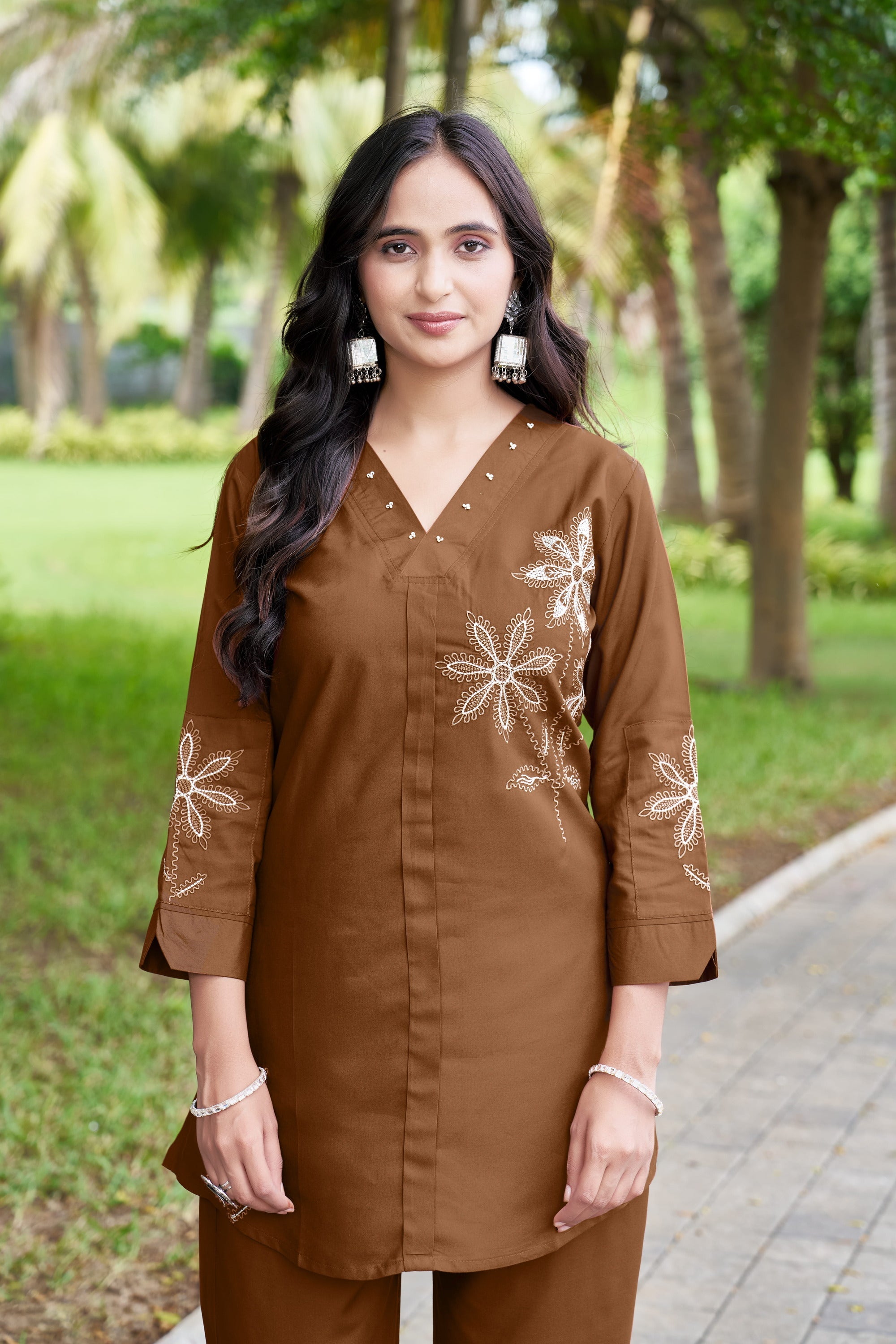 Hanch Heavy Rayon Embroidered Co-Ords Set – Brown