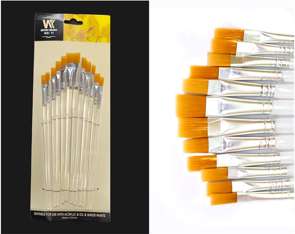12 Pc Flat Brush Clear Handle Set
