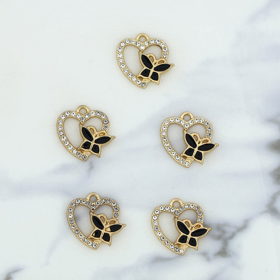 5Pcs Heart With Butterfly Charm Bezels With Black Enamel.