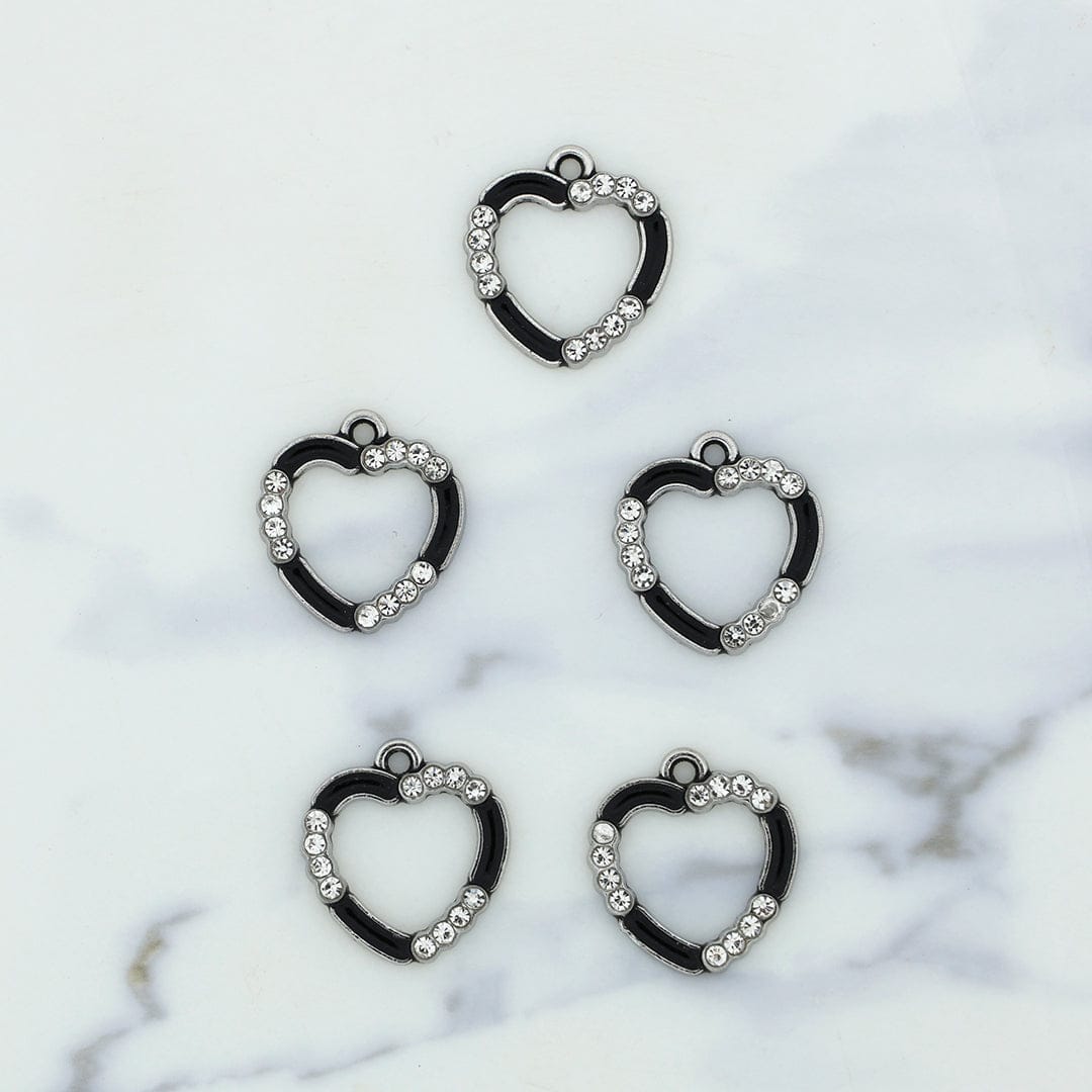 5Pcs Heart Shape Charm Bezels With Black Enamel.