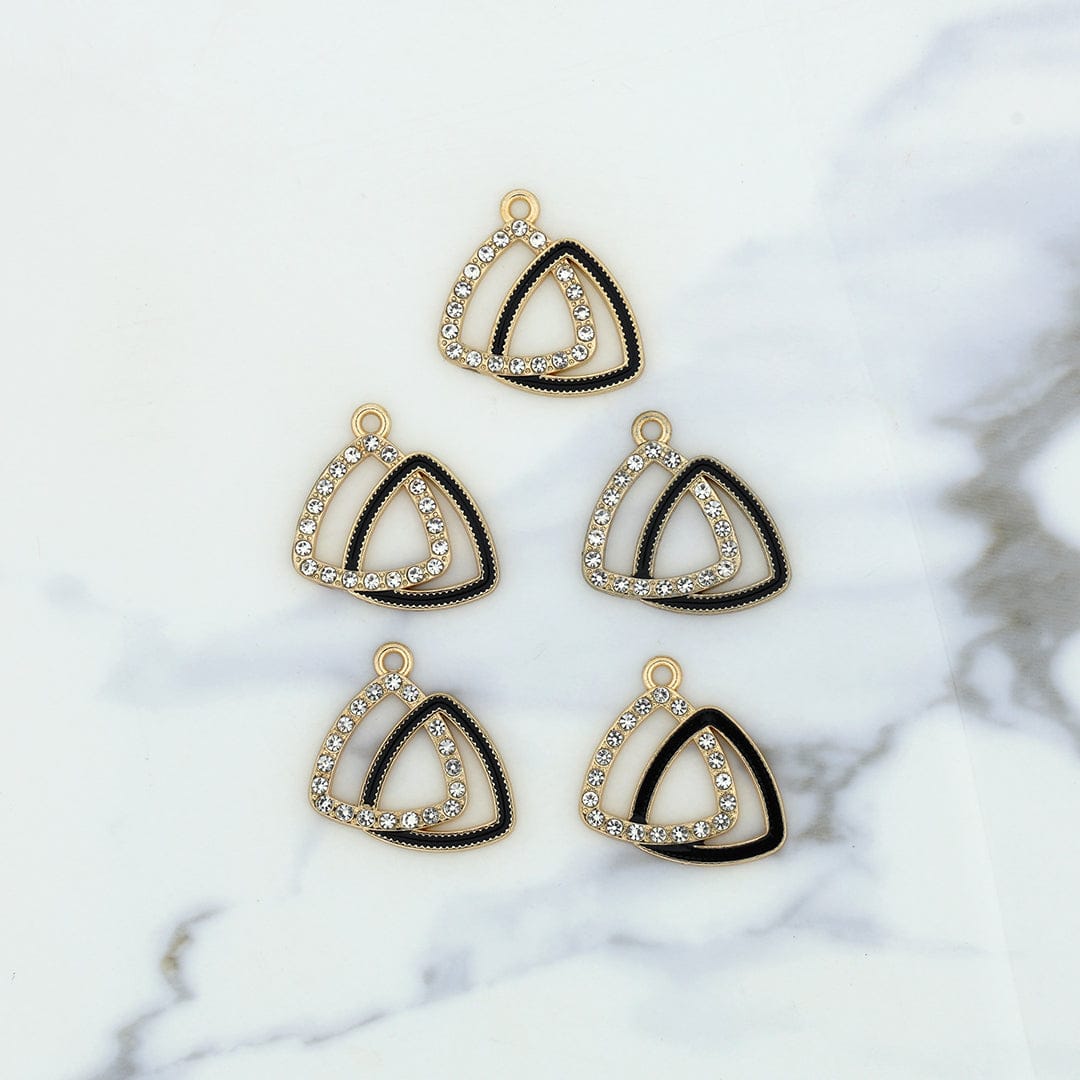 5Pcs Interlinked Triangle Charm Bezels With Black Enamel.