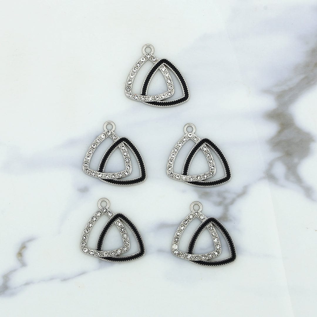 5Pcs Interlinked Triangle Charm Bezels With Black Enamel.