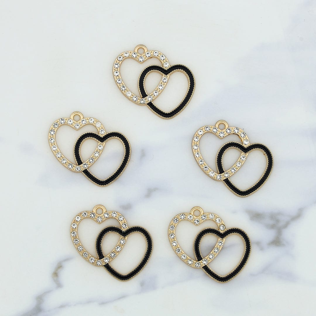 5Pcs Interlinked Heart Charm Bezels With Black Enamel.