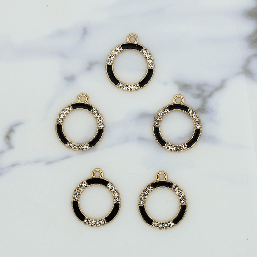 5Pcs Round Shape Charm Bezels With Black Enamel.
