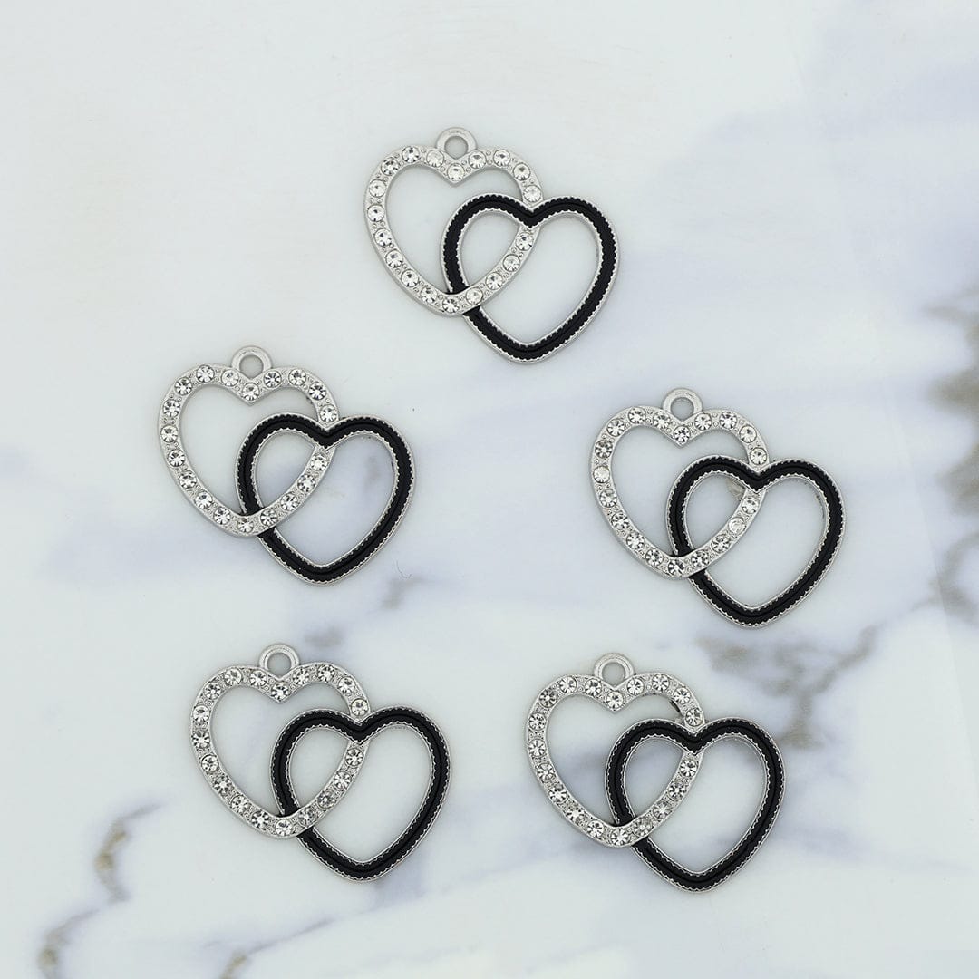5Pcs Interlinked Heart Charm Bezels With Black Enamel.