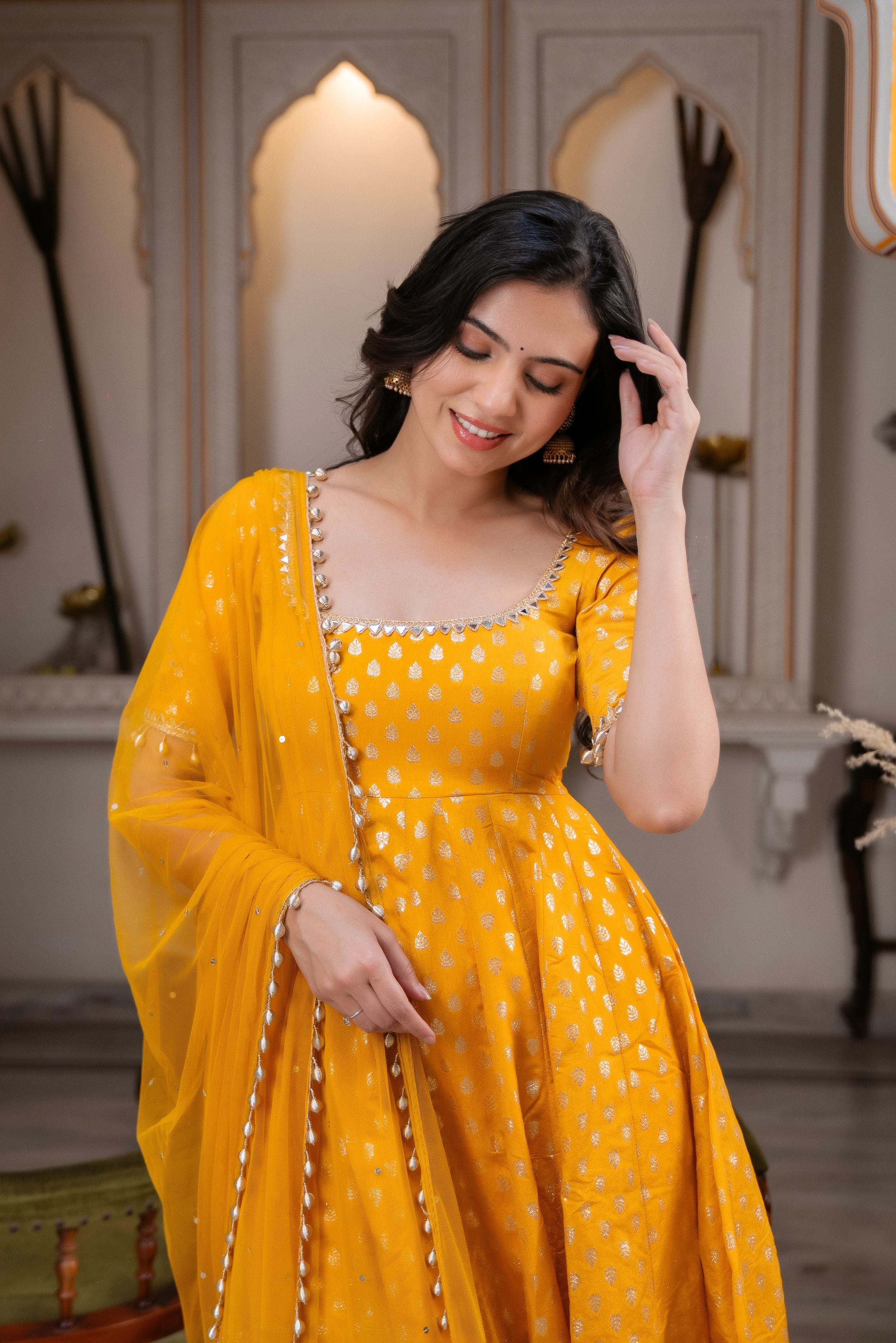 Hanch Chanderi Jacquard Embroidered Anarkali + Pant Set – Mustard Yellow