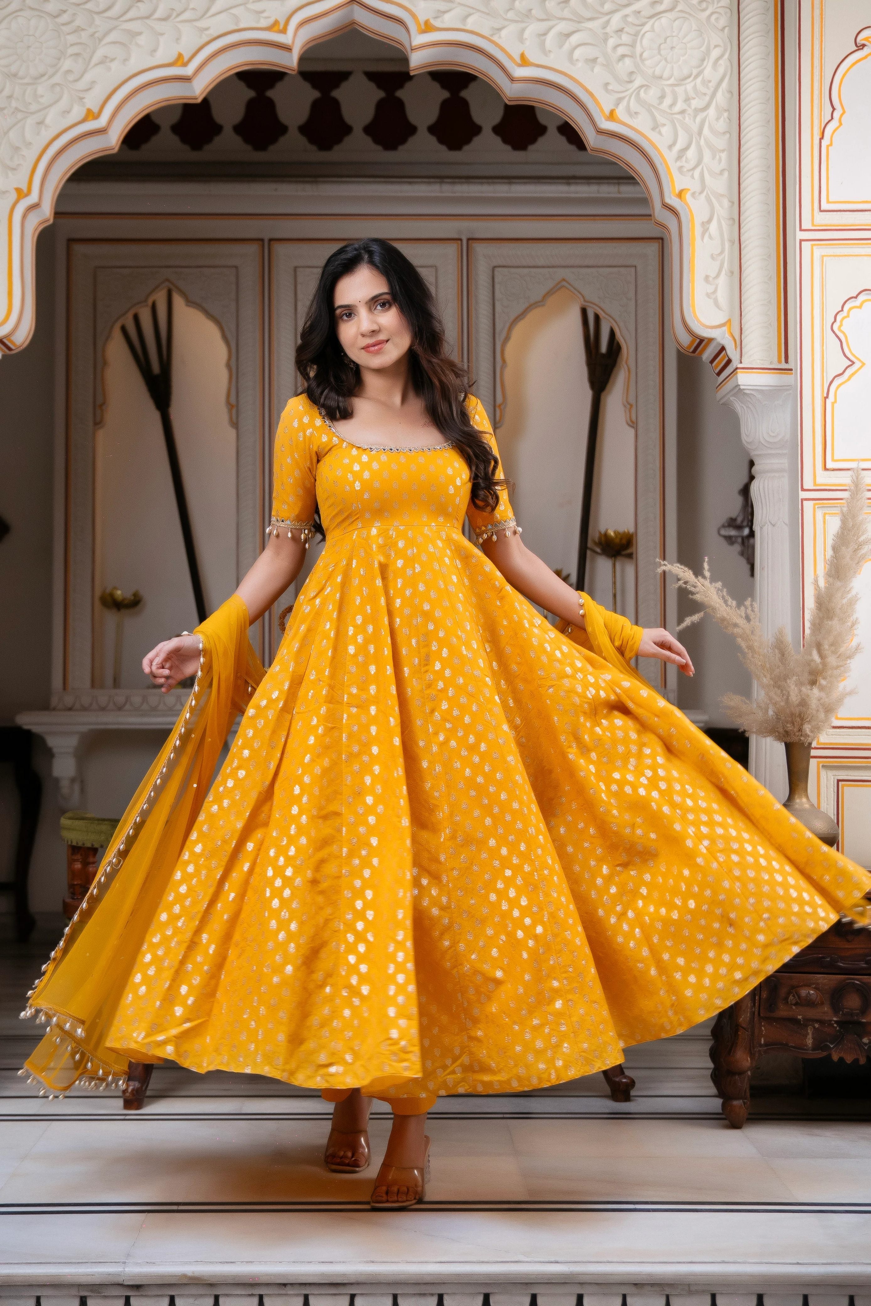 Hanch Chanderi Jacquard Embroidered Anarkali + Pant Set – Mustard Yellow