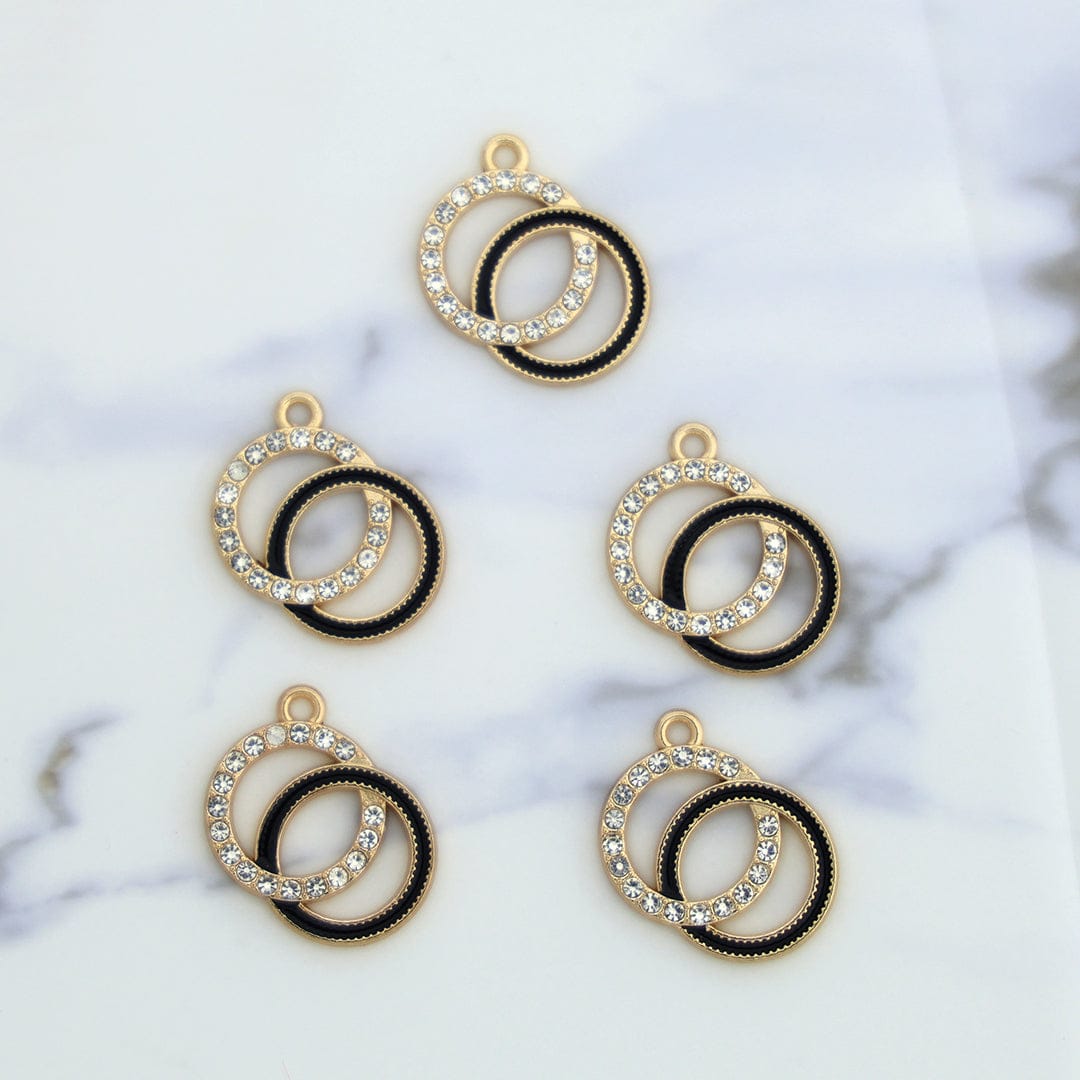 5Pcs Interlinked Round Charm Bezels With Black Enamel.