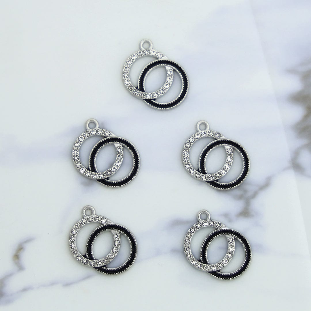 5Pcs Interlinked Round Charm Bezels With Black Enamel.