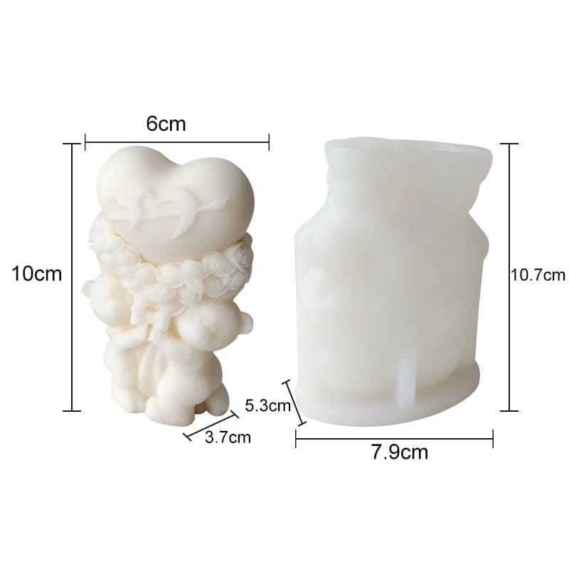 Two Bears Holding A Heart & Rose Bouquet Candle Handmade Mould