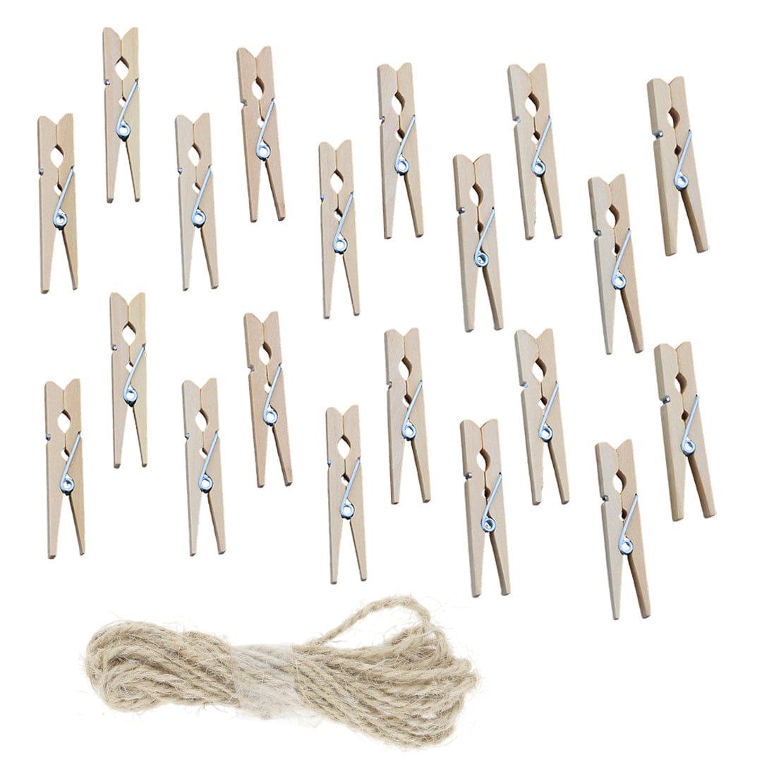 2.5Cm 20pcs Natural Wooden Clip With 2mtrs Jute Dori