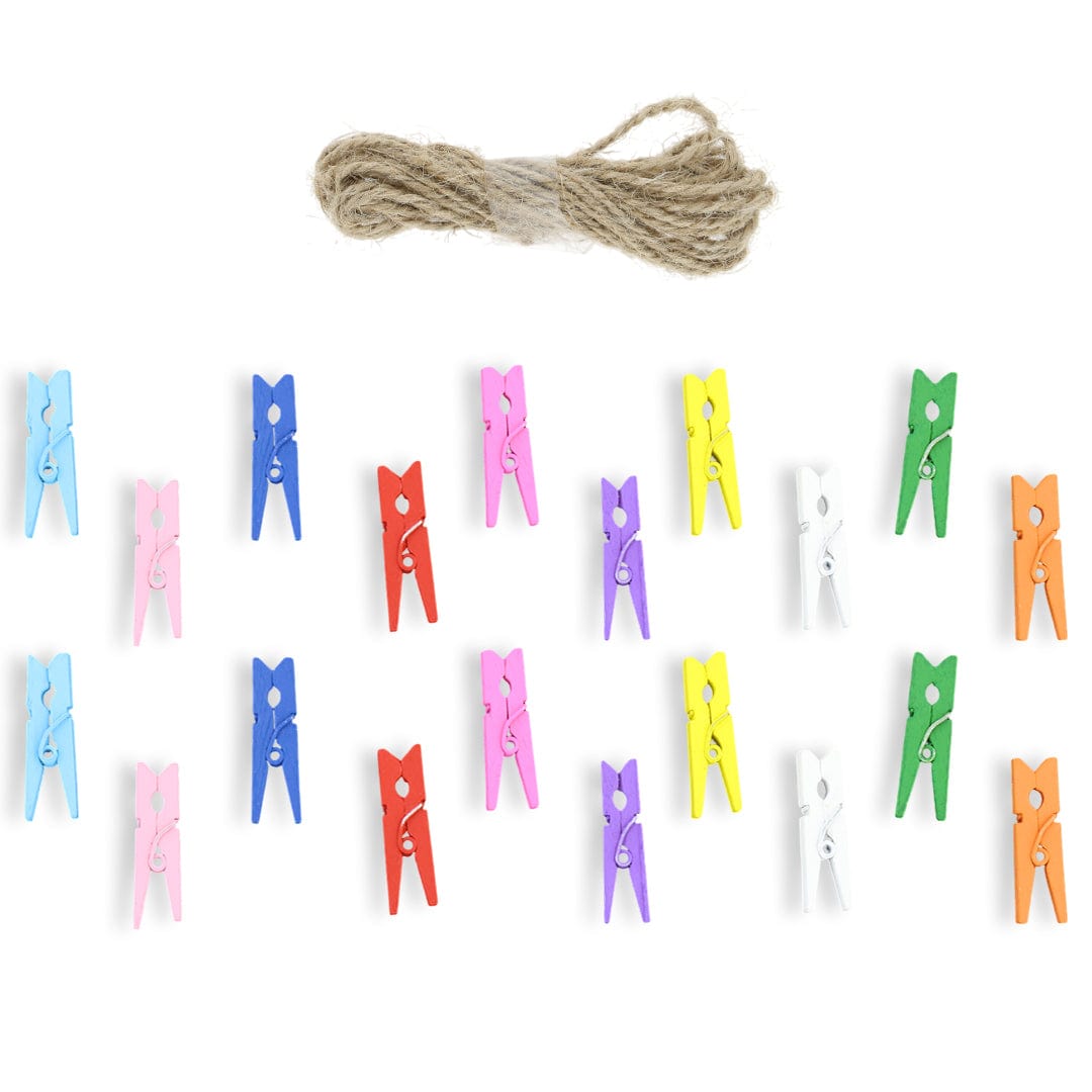 2.5Cm 20pcs Multi Wooden Clip With 2mtrs  Jute Dori