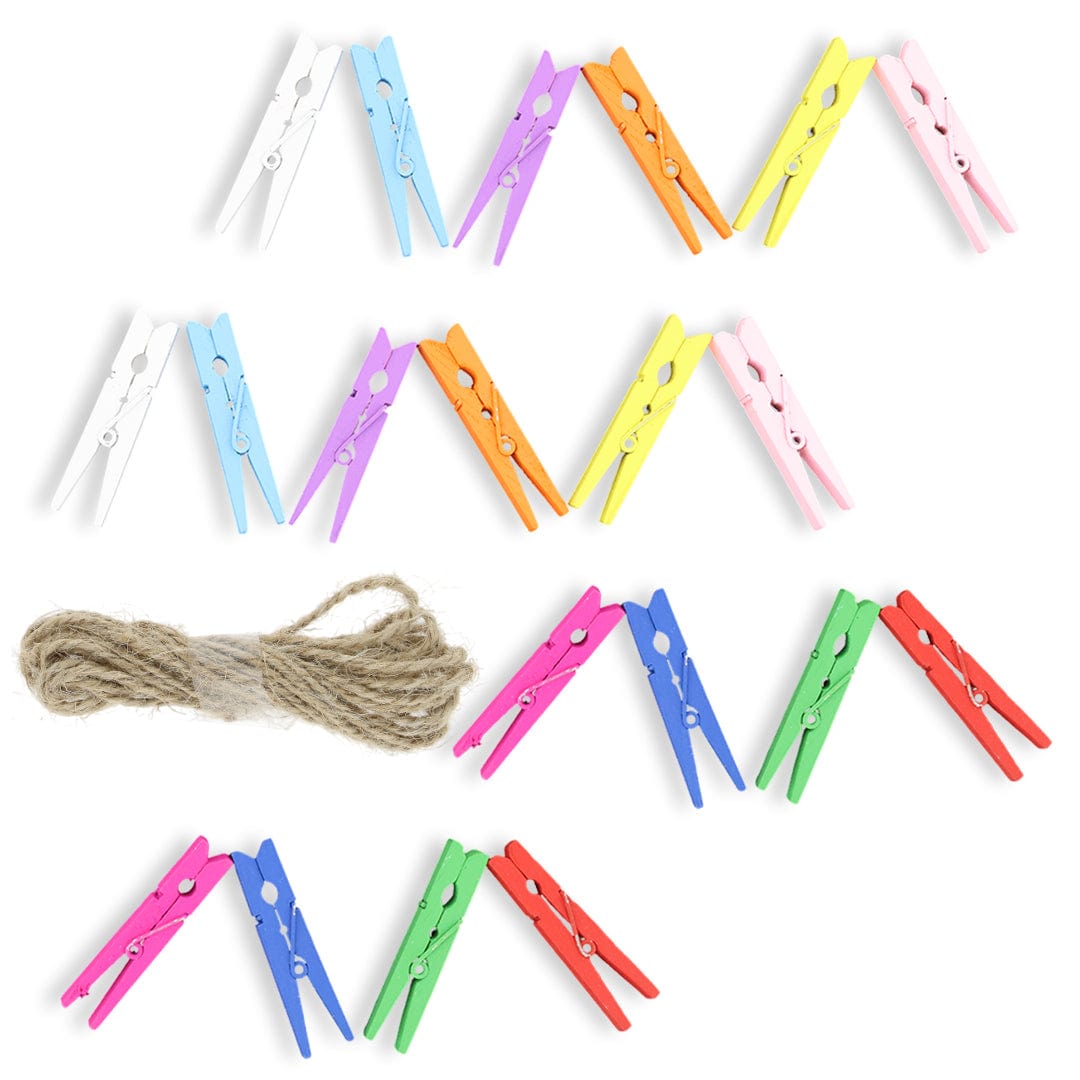 4.8Cm 20pcs Multi Wooden Clip With 2mtrs Jute Dori