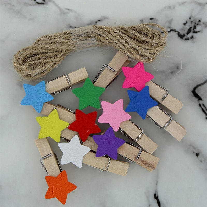 3.5Cm 10Pcs Star Wooden Clip With 2mtrs Jute Dori